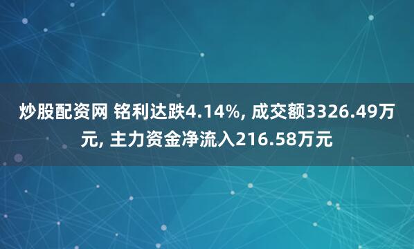 炒股配资网 铭利达跌4.14%, 成交额3326.49万元, 主力资金净流入216.58万元